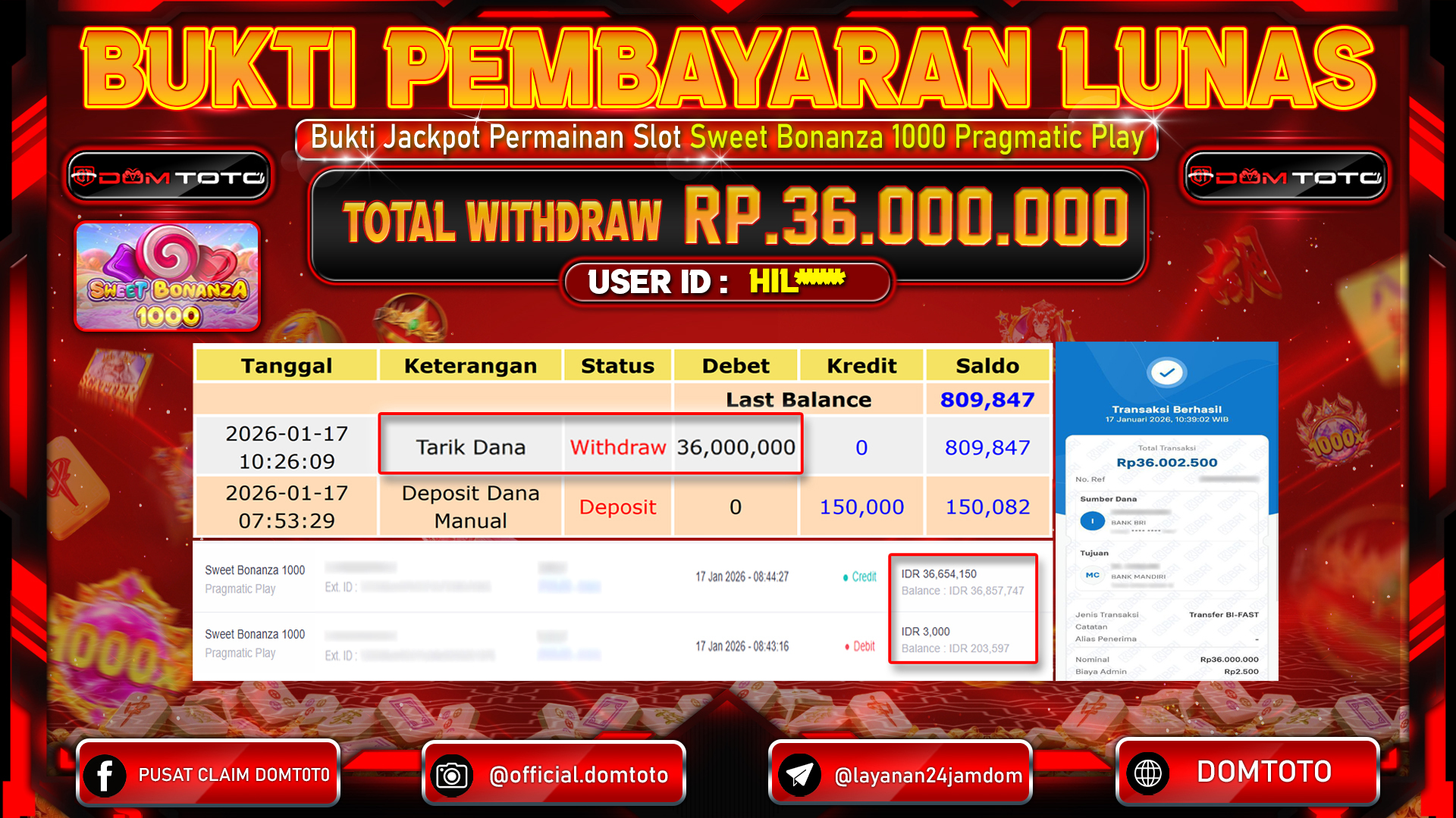 JACKPOT SLOT Sweet Bonanza 1000 Pragmatic Play 17 JANUARI 2026